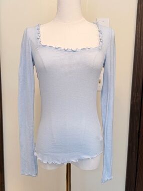 Urban Outfitters Pale Blue Ribbed Square-Neck Long Sleeve Ruffle Trim Top